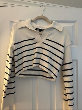 GREY LAB Cream and Black Striped Cropped Polo Knit